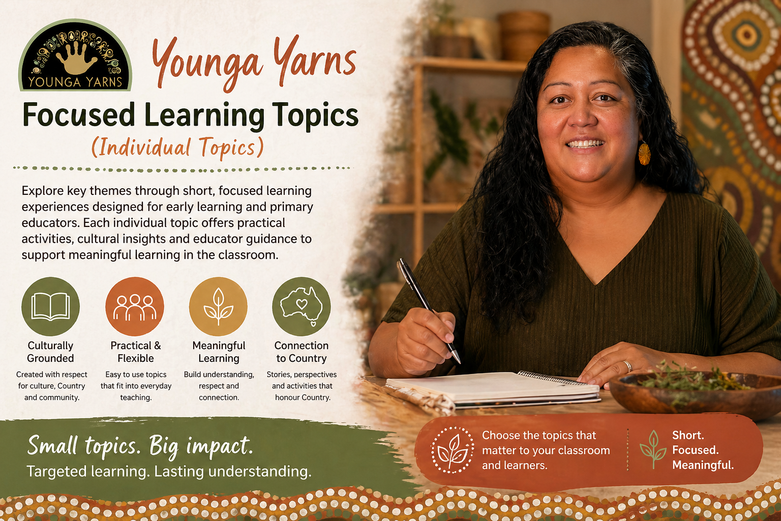 Younga Yarns poster showing educator with learning materials and text promoting focused cultural learning topics for early le
